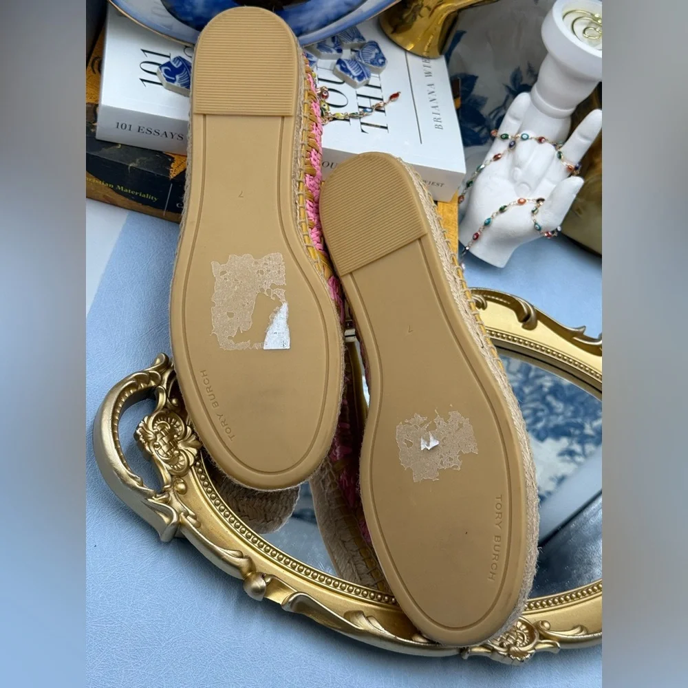 🆕 TORY BURCH 🧿 NWOB Eleanor Crochet Woven Espadrilles, Pink Carnation - Sz 7